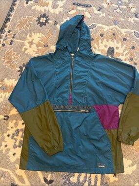 Vintage M L.L. Bean Teal Hooded Windbreaker with Olive Sleeves and Purple Pocket